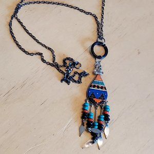 20" Gunmetal Native Theme Design Pendant Necklace